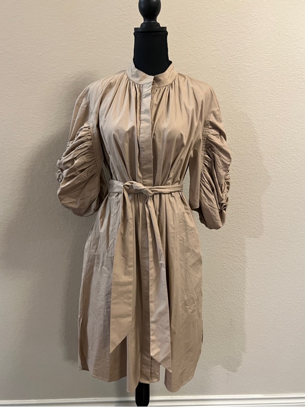 Gracia Beige Shirt Dress Ruched Sleeve Belted Mini/Midi Cotton Sz S